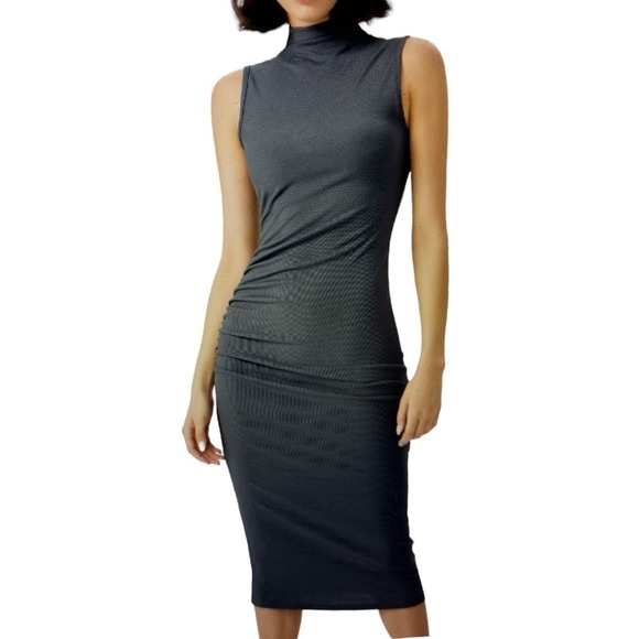 Midi Dress High Neck Side Ruched Ribbed Knit Stretch Sleeveless Gray Size 8 - Picture 1 of 6